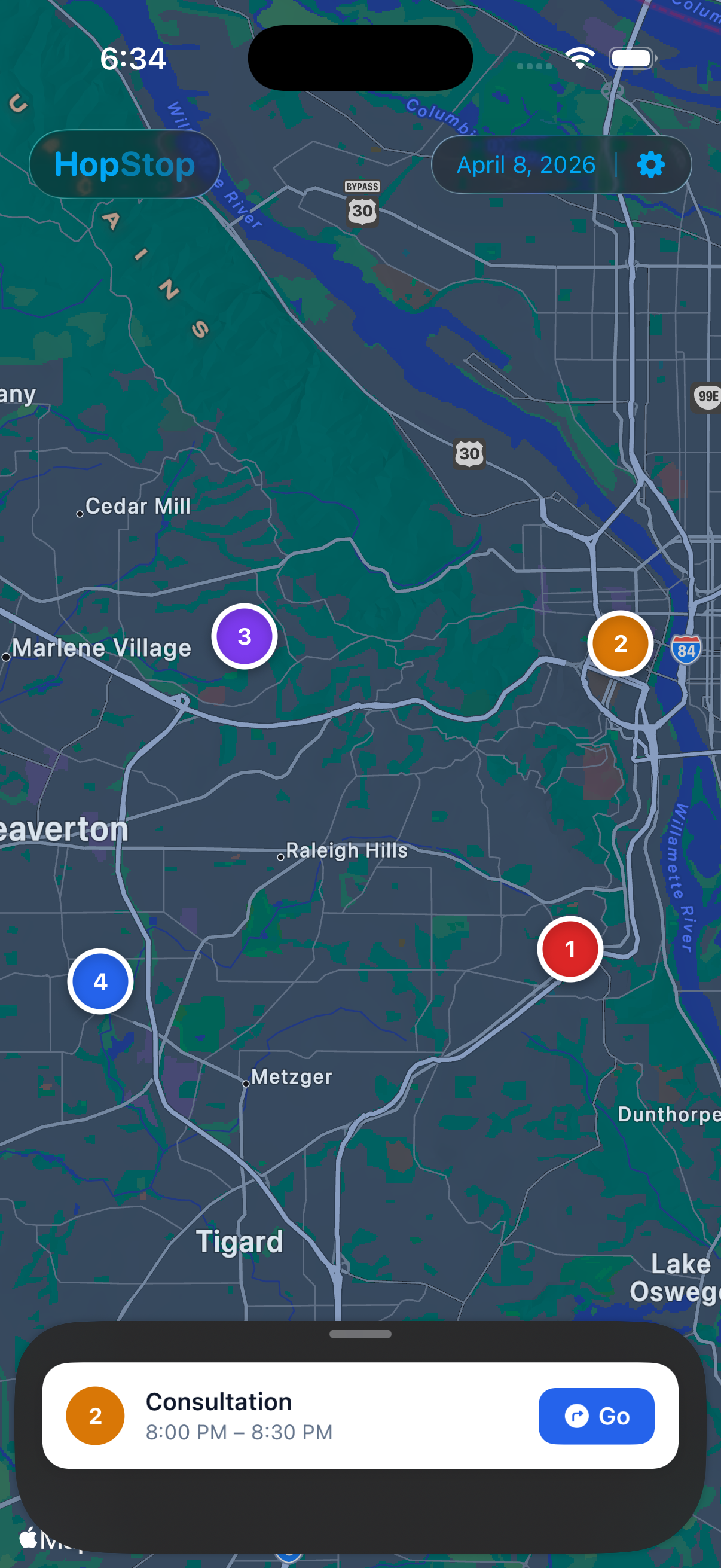 HopStop map view showing today's appointments plotted as stops