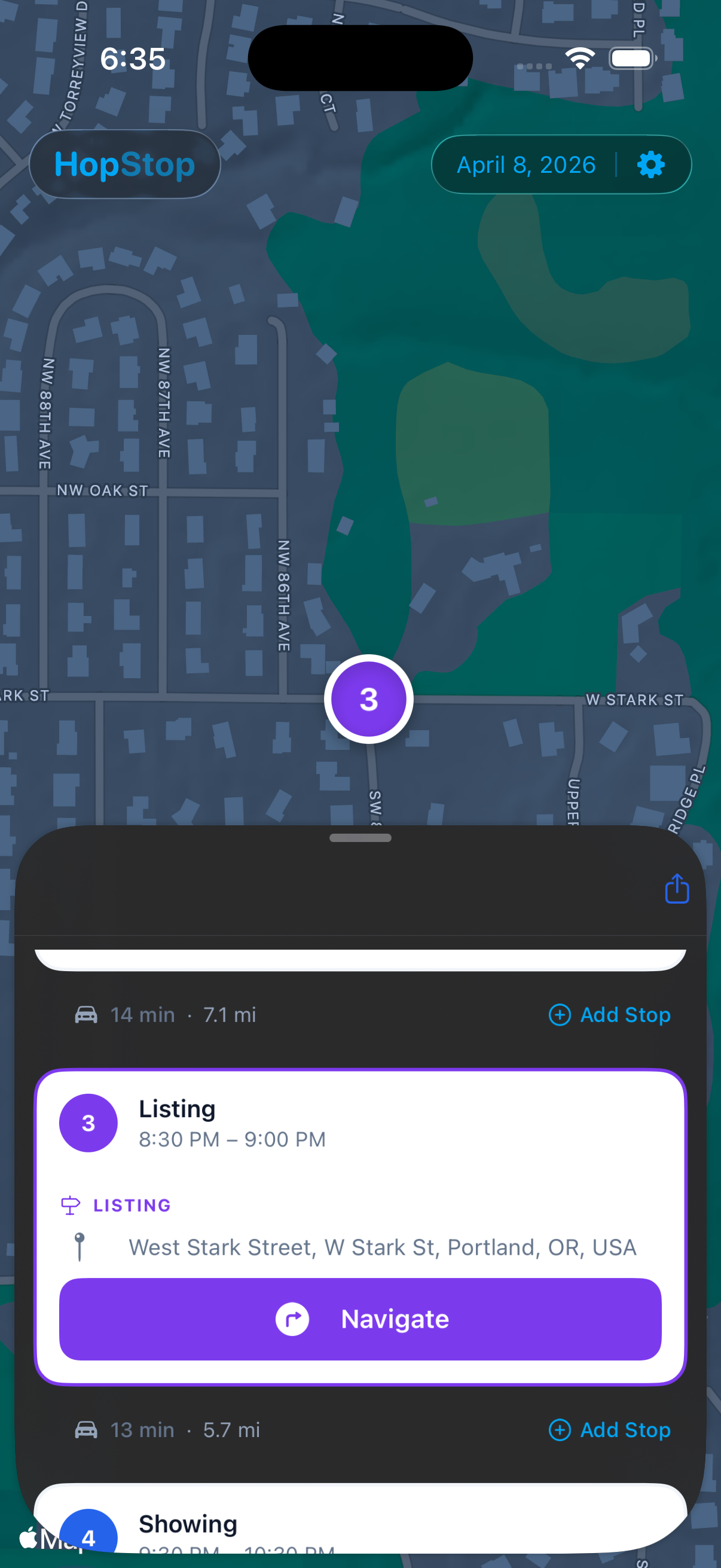 HopStop route list with drive times between appointments