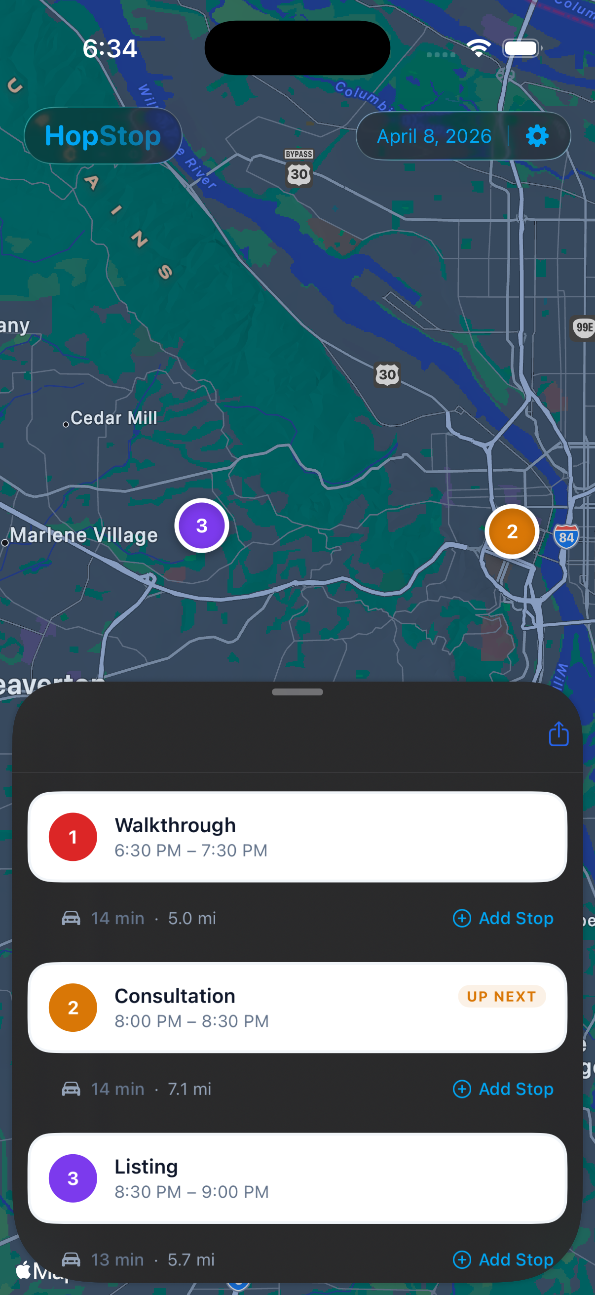 HopStop route list showing three stops with drive times and an Up Next indicator