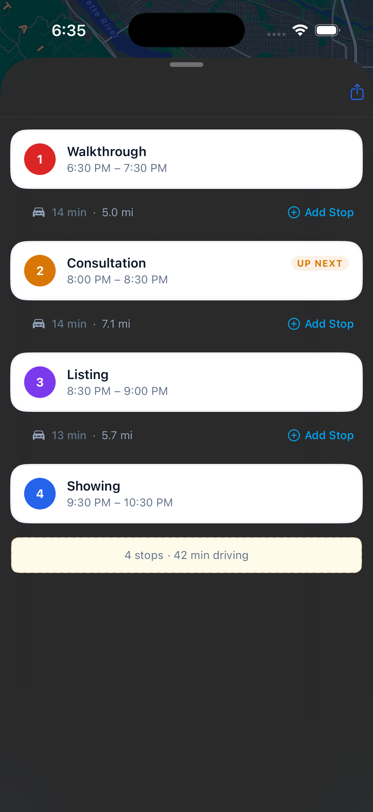HopStop itinerary sheet showing four stops with drive times, an 'Up Next' indicator, and per-row Add Stop actions
