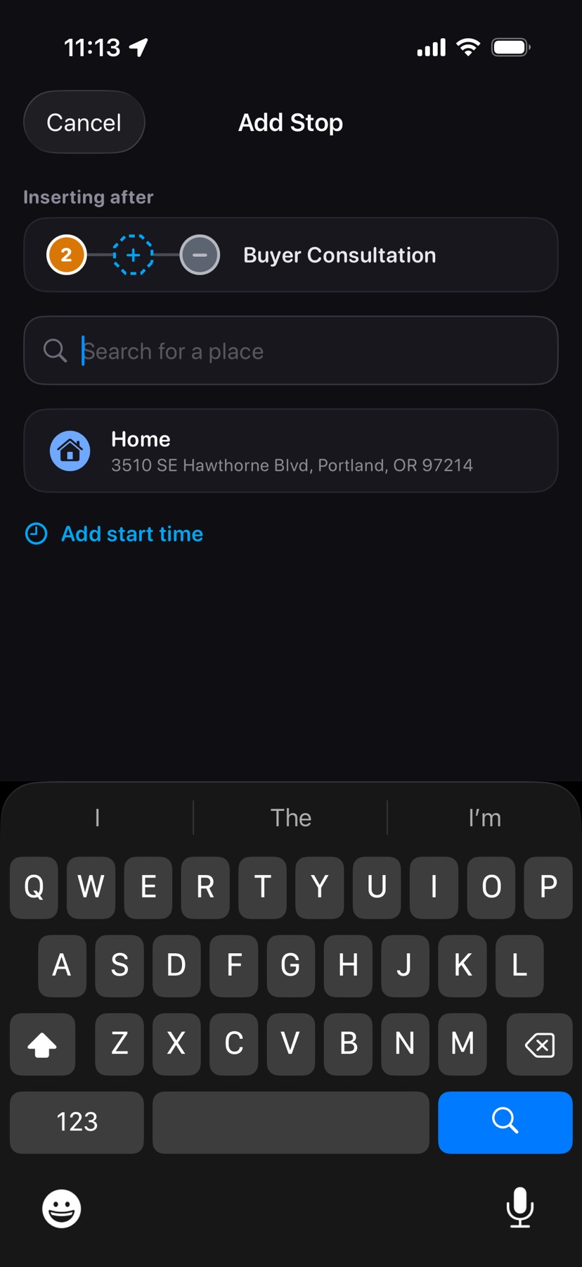 Add Stop opened from the map, with Inserting after Buyer Consultation above an empty search field, the Home row, and Add start time