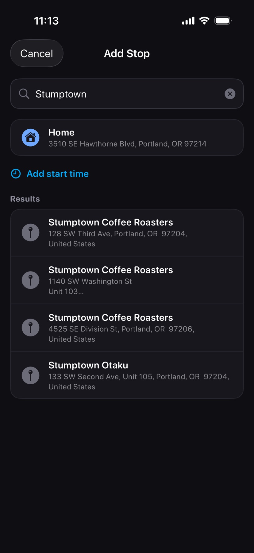 Add Stop with a search for Stumptown: the Home row, Add start time, and four matching places