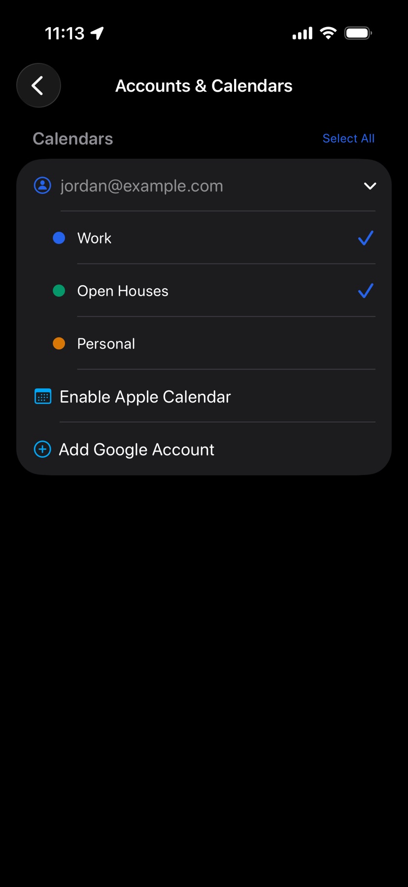 Accounts & Calendars: a Google account with its Work, Open Houses, and Personal calendars, two of them checked, and rows to enable Apple Calendar or add a Google account