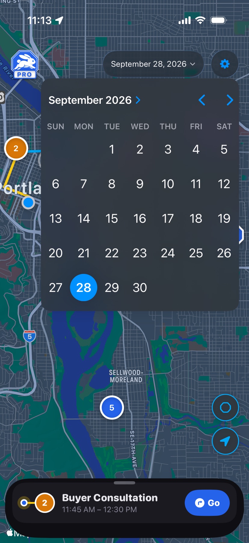The date picker open over the map, showing September 2026 with the 28th selected