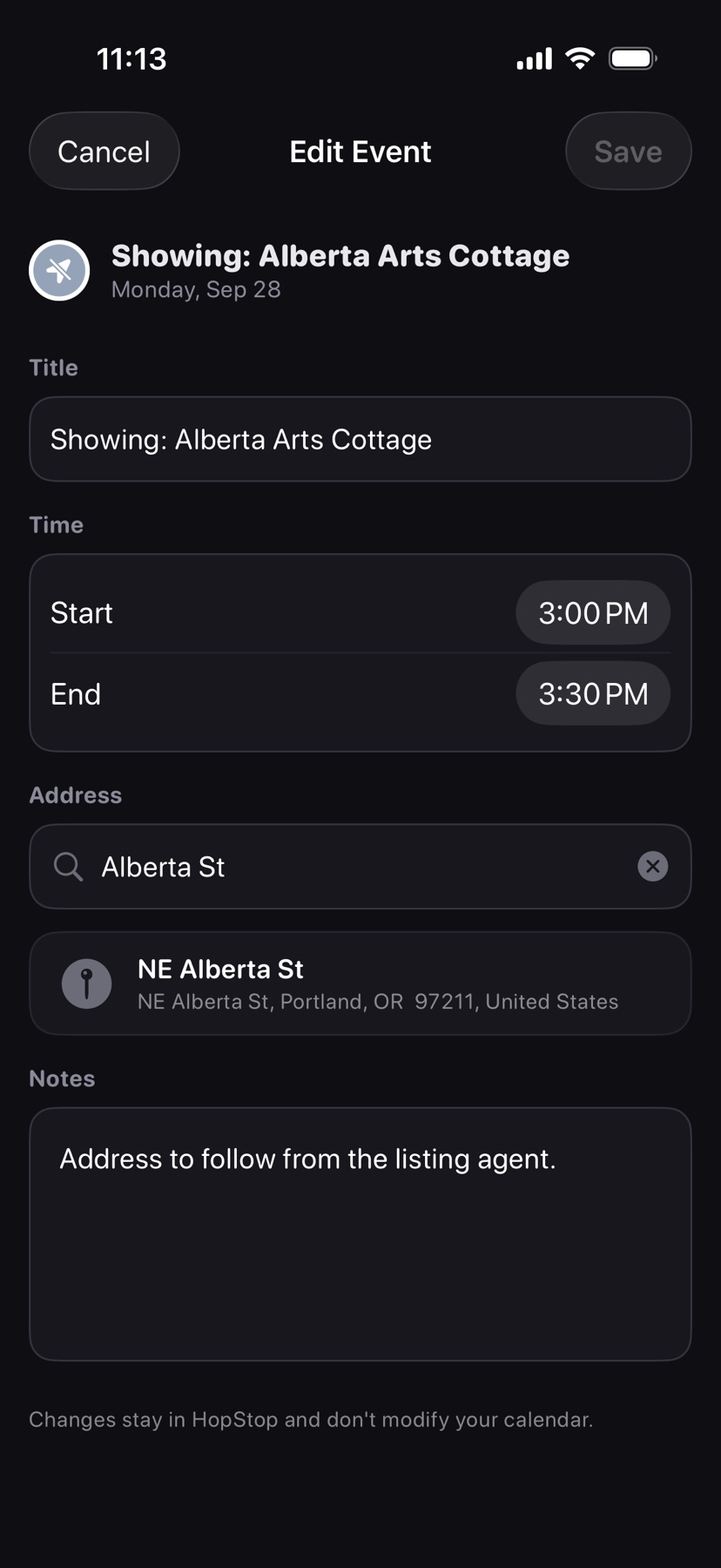 Edit Event for Showing: Alberta Arts Cottage, with Alberta St typed in the address search and one matching place below