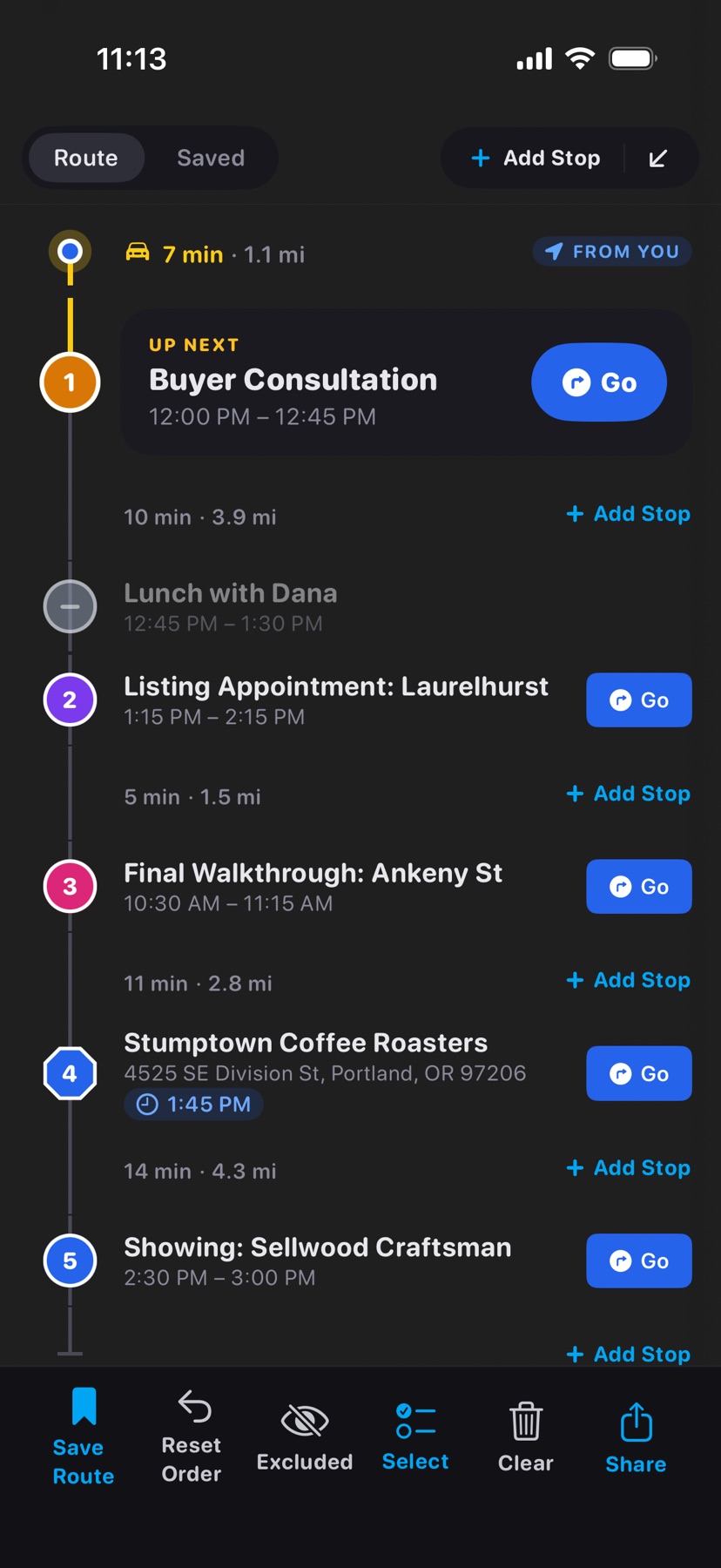 The full event list after a drag, with Save Route, Reset Order, Excluded, Select, Clear, and Share along the bottom