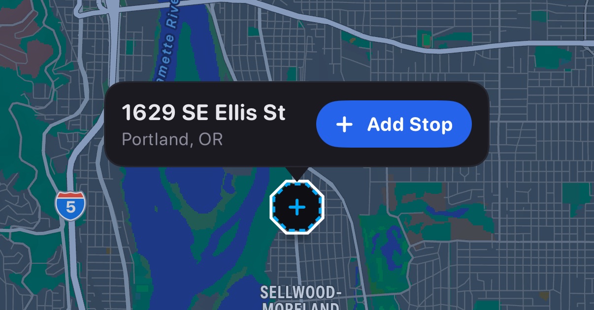 A dropped pin on the map, with a bubble showing 1629 SE Ellis St, Portland, and Add Stop
