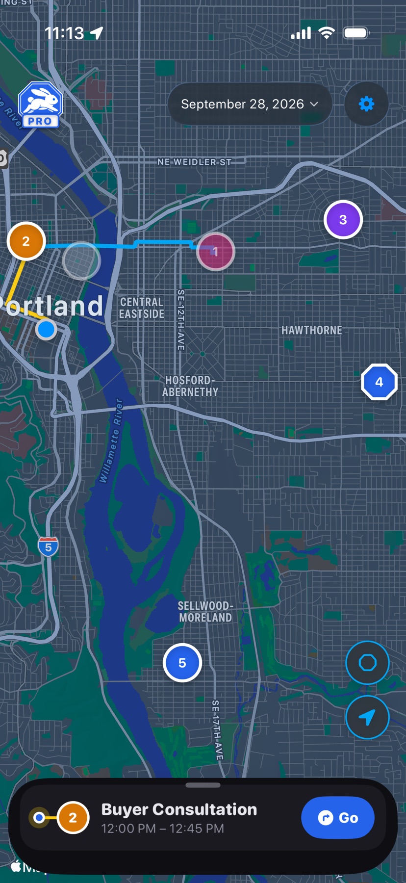 HopStop's map for September 28, 2026: the logo, date, and Settings button along the top, numbered pins joined by a route line, and the next stop in a card at the bottom