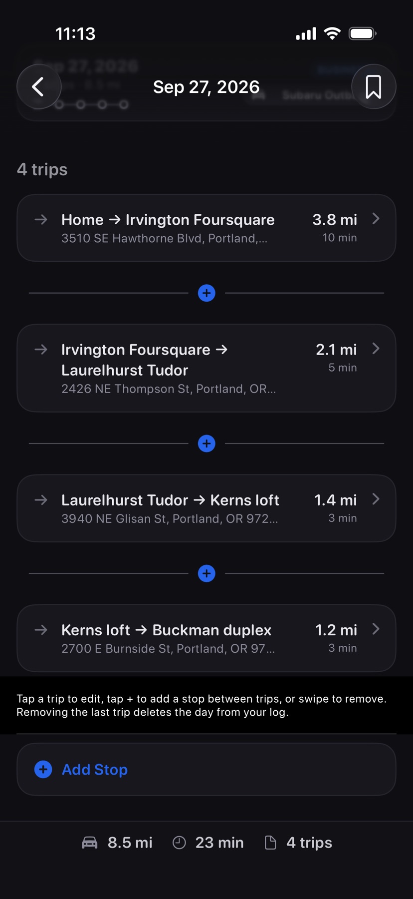 One logged day, September 27, 2026: four trips with their miles and drive times, a plus button between each, Add Stop below them, and the day's totals