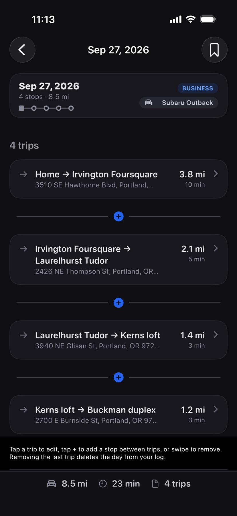 One logged day, September 27, 2026: four trips with their miles and drive times, a plus button between each, and the day's totals