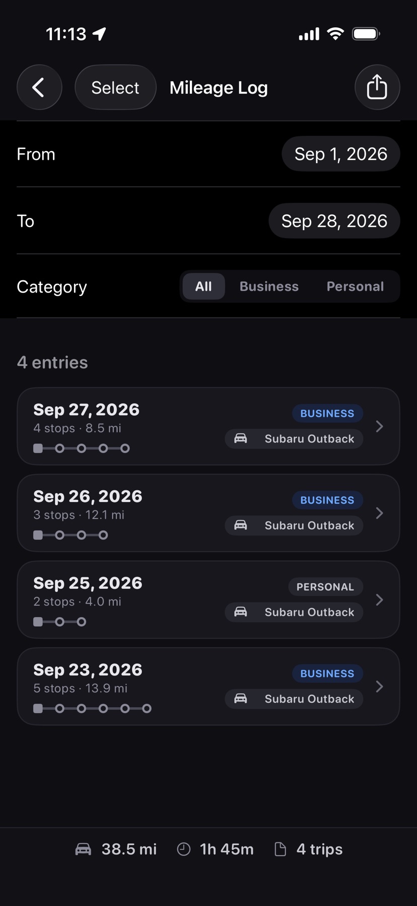The Mileage Log from September 1 to 28, 2026: four logged days with their category and vehicle, and totals of 38.5 mi, 1 h 45 min, and 4 trips
