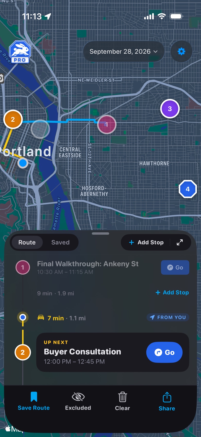 Numbered pins on the map above the event list, which shows the drive time between stops and Buyer Consultation marked Up Next