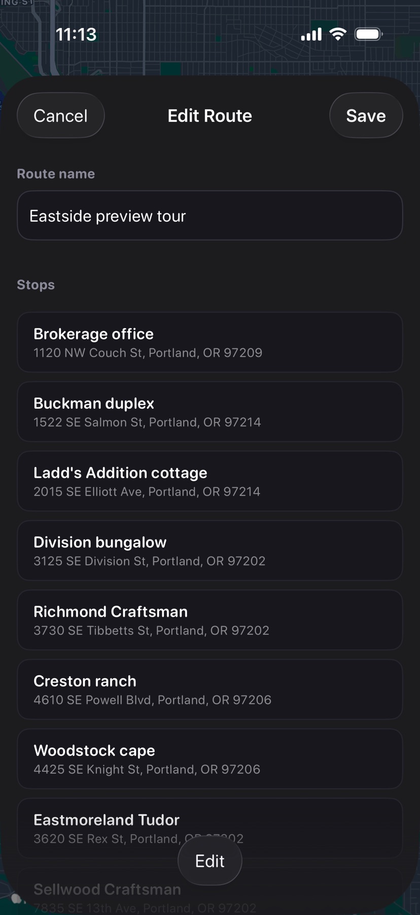 Edit Route for Eastside preview tour: the Route name field and its list of stops