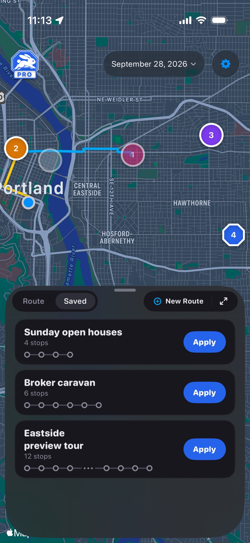 The Saved tab under the map, listing three saved routes with their stop counts and an Apply button on each