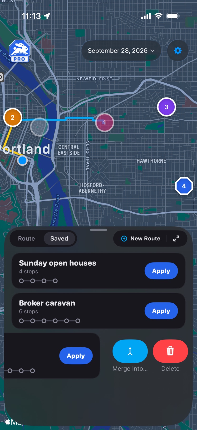 The Saved tab under the map: two saved routes with their stop counts and Apply buttons, and a third swiped left to show Merge Into and Delete