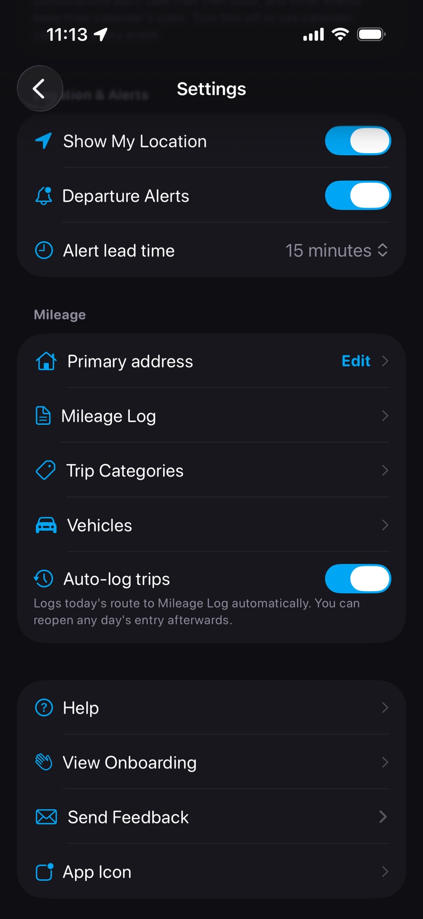 The middle of Settings with Pro: Departure Alerts on with a 15-minute lead time, then Primary address, Mileage Log, Trip Categories, Vehicles, and Auto-log trips