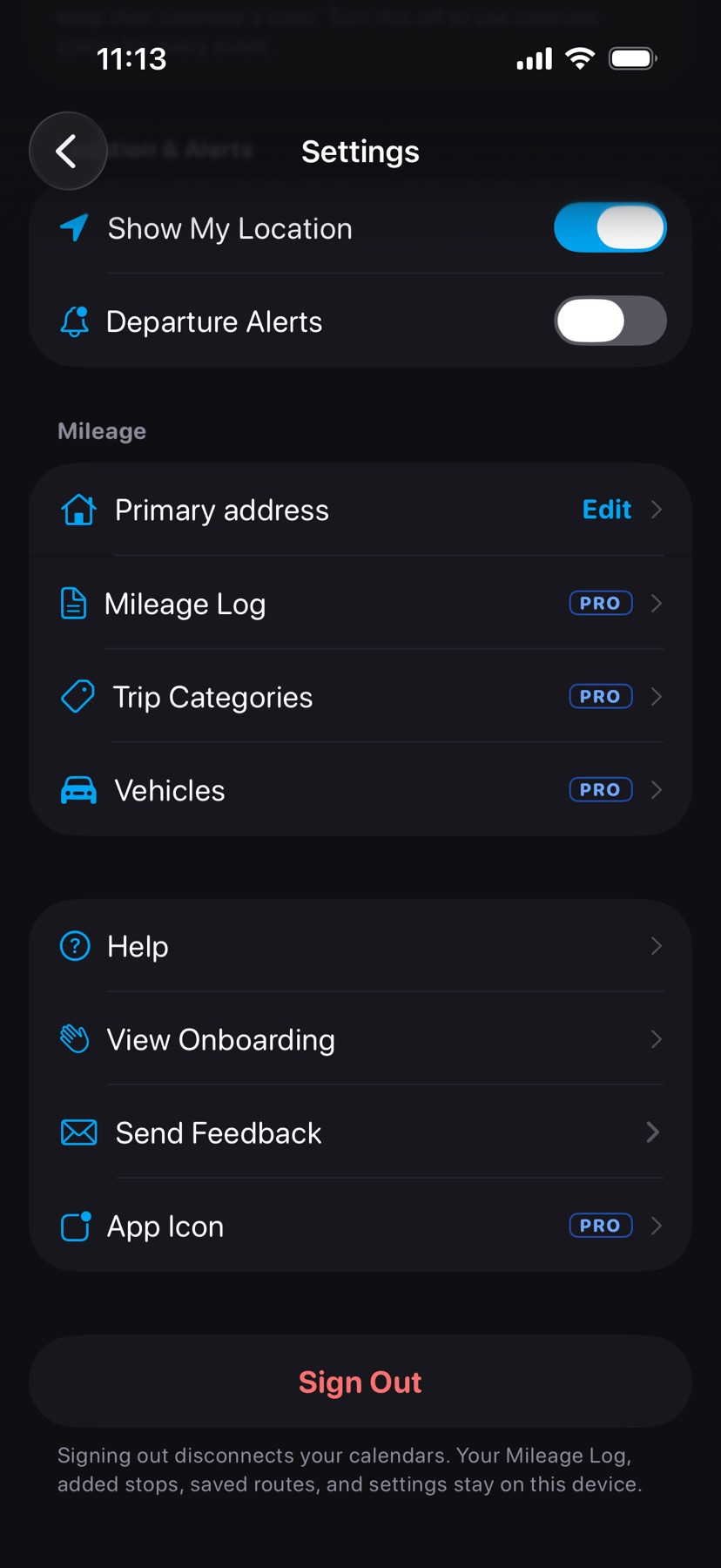 The bottom of Settings without Pro: the Mileage rows with their PRO tags, Help, View Onboarding, Send Feedback, App Icon, and Sign Out