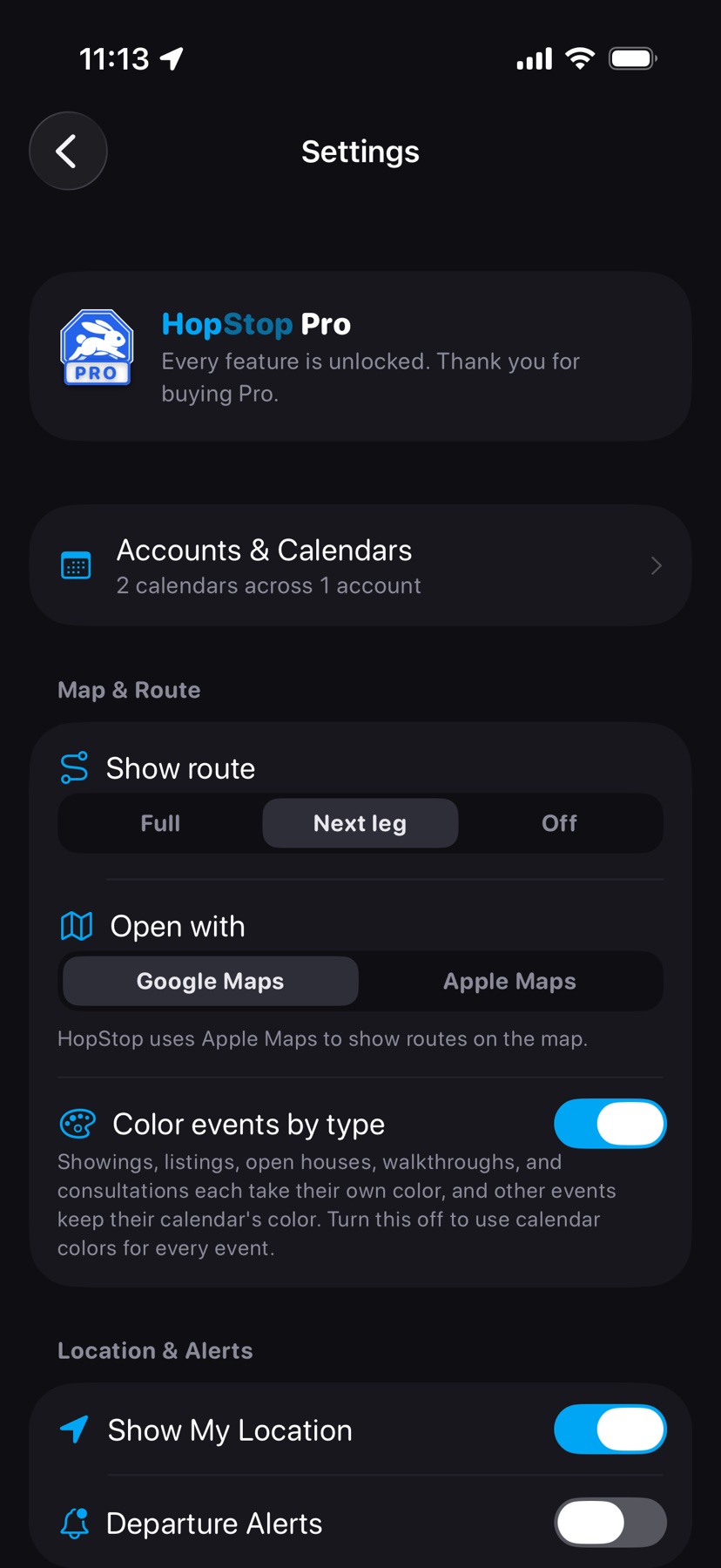 The top of Settings with Pro: the HopStop Pro card, Accounts & Calendars, the Map & Route options, and the Location & Alerts toggles