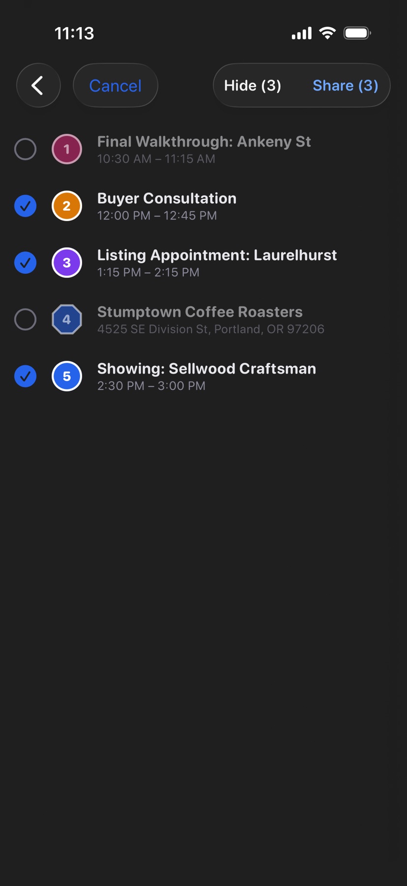 The full event list in Select mode, with three of five stops checked and Hide (3) and Share (3) at the top