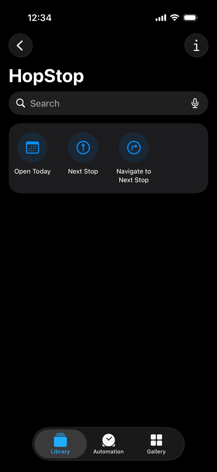 HopStop's page in the Shortcuts app, with three shortcuts: Open Today, Next Stop, and Navigate to Next Stop