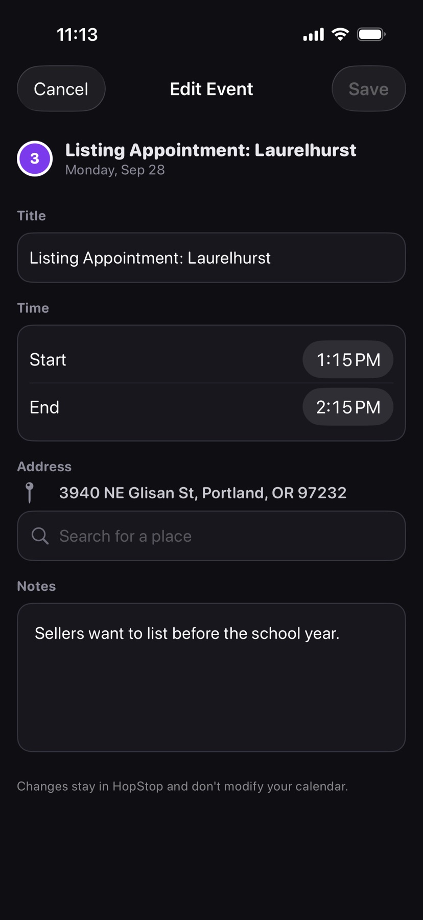 Edit Event for a listing appointment in HopStop, with its title, times, address, and notes