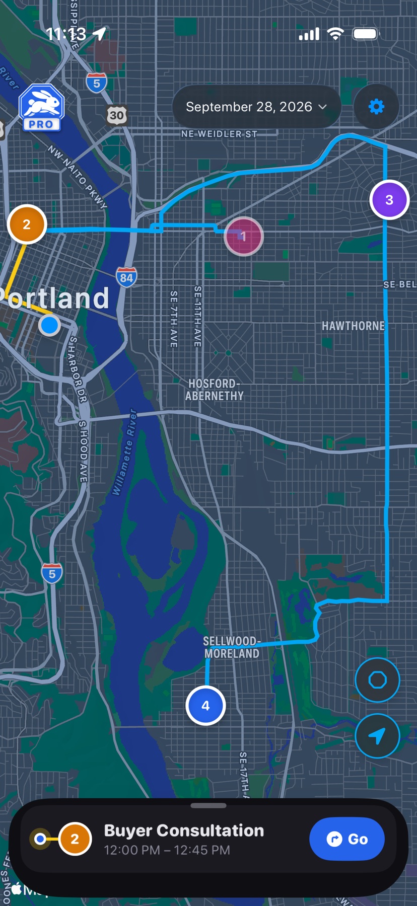 HopStop map with four numbered pins across Portland