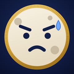 A dusty coin face, frowning and sweating
