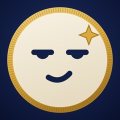 A coin face with a sly half-smile and a sparkle