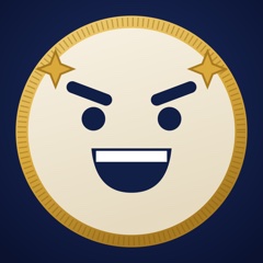 A coin face grinning fiercely between two sparkles